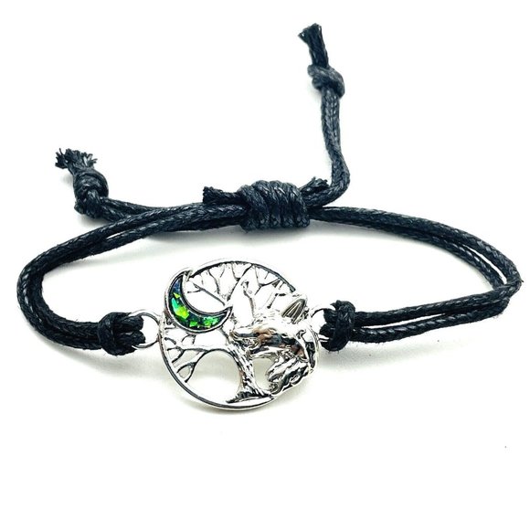 Wolf Crescent Moon and Tree Charm Bracelet Black Faux Suede Adjustable Boho Fest - Picture 1 of 7